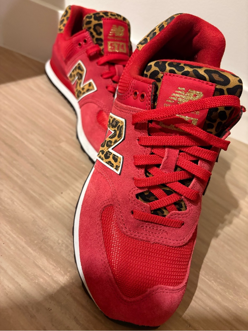 New Balance 574 Encap Red Sneakers with Leopard Print Accents. Brand new.